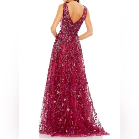 Ieena for Mac Duggal Embroidered Sleeveless Plunge Neck A-Line Gown Berry Sz 12 - Picture 6 of 10